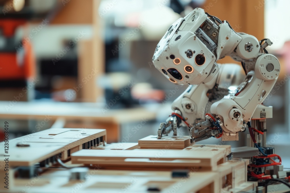 Poster robotic arm assembling wooden components in a workshop with advanced technology