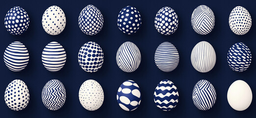 A collection of navy blue and white Easter eggs featuring organic patterns such as dots, waves, and irregular stripes, arranged on a dark navy background. Festive and decorative holiday concept.