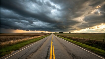 Fototapeta premium Stormy Sky Over a Narrow Road – Atmospheric Landscape with Dark Clouds and Yellow Road Lines