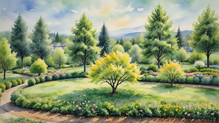 Obraz premium Vibrant garden scene with blooming flowers and trees under a bright sky for nature and artistic themes