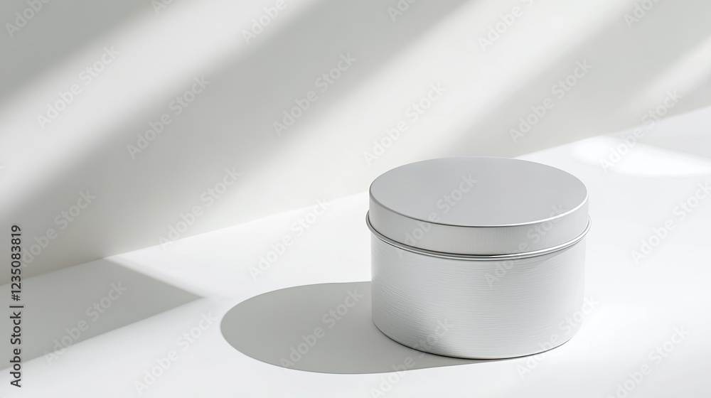 Poster professional mockup of round tin with removable lid placed on bright white surface with subtle shado