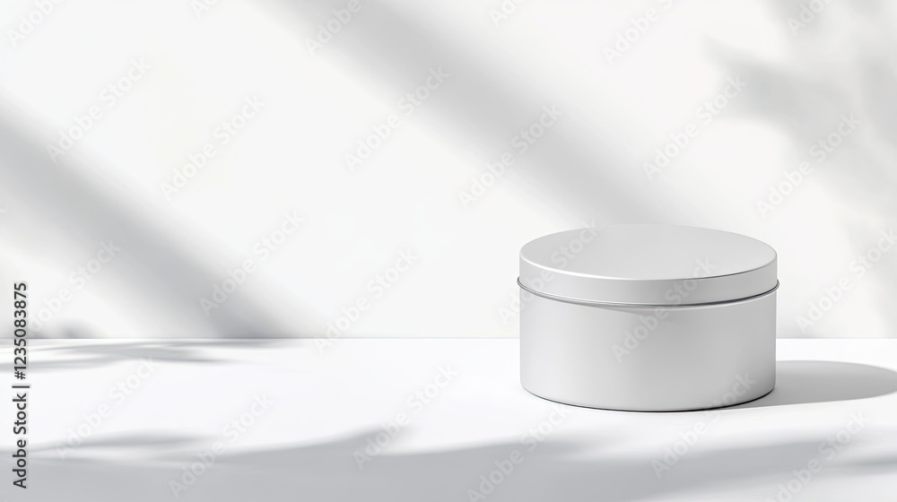 Poster professional mockup of round tin with removable lid placed on bright white surface with subtle shado