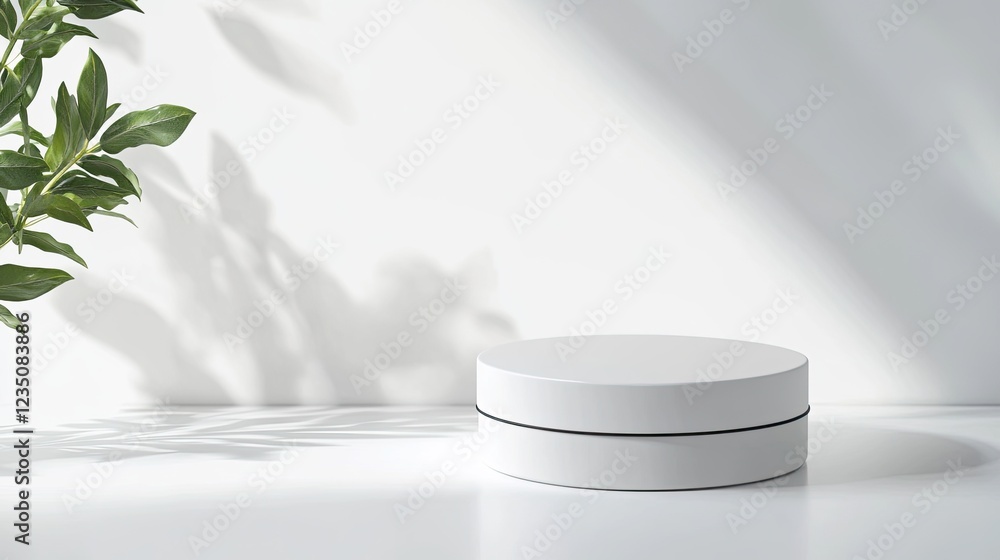 Poster professional mockup of round tin with removable lid placed on bright white surface with subtle shado