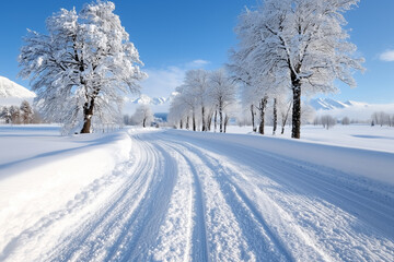 Fototapeta premium Snowy Road Winding Through Snow Covered Trees on a Sunny Winter
