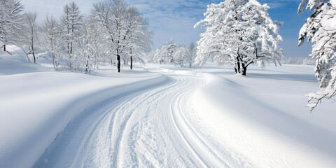 Fototapeta premium Snowy Winter Path Through a Sunlit Forest
