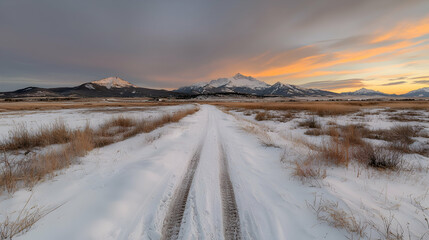 Obraz premium Snowy road towards mountain sunset