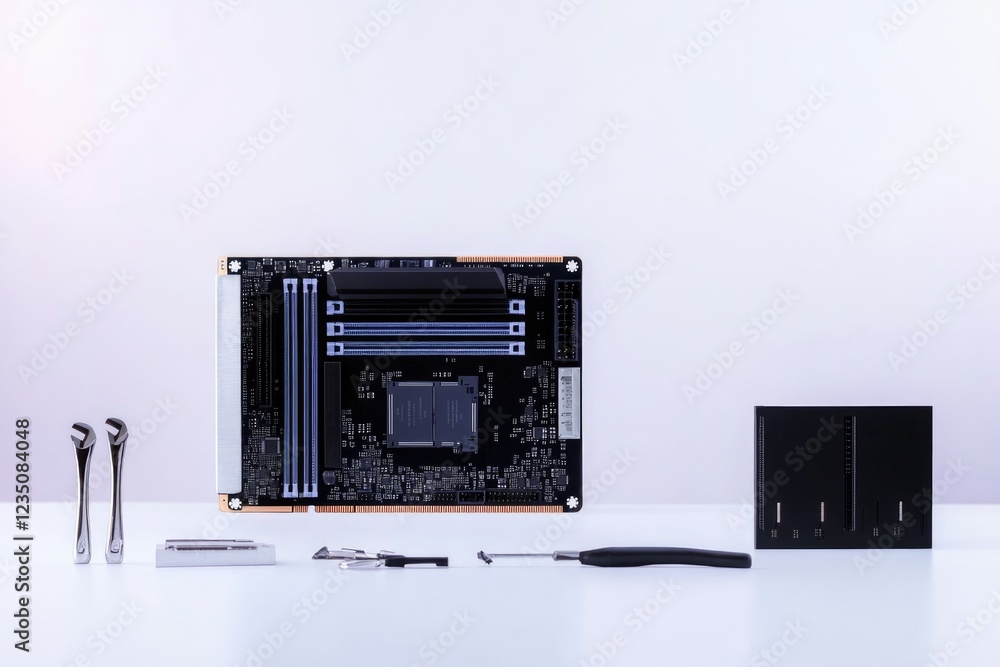 Poster professional setup of computer components neatly arranged for repair featuring motherboard ram and t