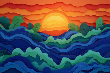 Layered paper art: sunset over ocean waves, lush foliage.