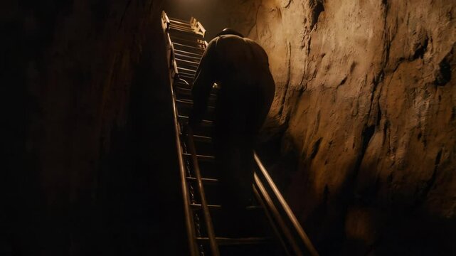 Descending deeper into the earth, an individual climbs a narrow metal staircase surrounded by rugged stone walls and dim light. The atmosphere is tense and mysterious