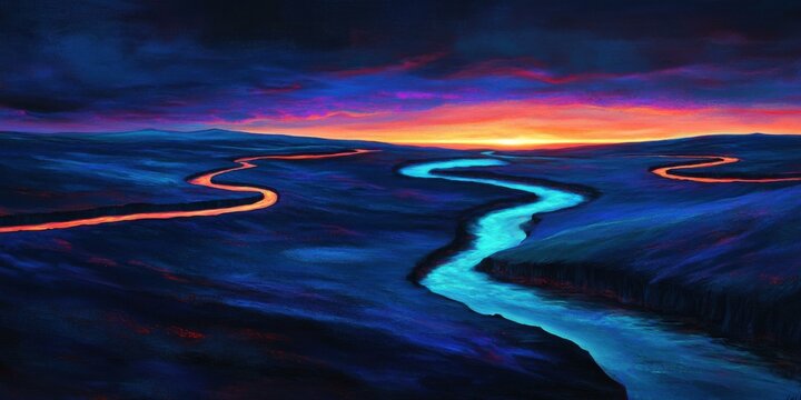 Vibrant landscape featuring winding rivers and dramatic skies, suitable for nature-themed projects, travel promotions, and artistic displays.