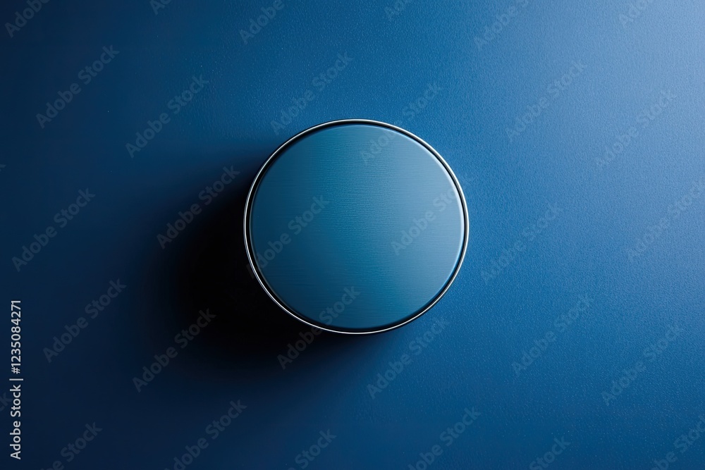 Poster round tin mockup with smooth finish centered on deep navy solid background with soft lighting and wi