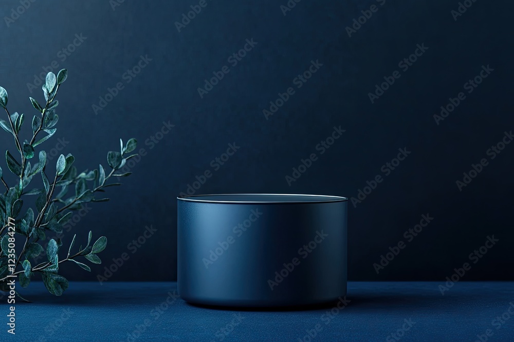 Poster round tin mockup with smooth finish centered on deep navy solid background with soft lighting and wi