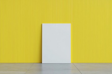 White poster mockup standing on the floor near yellow wall. Blank Canvas Mockup for design