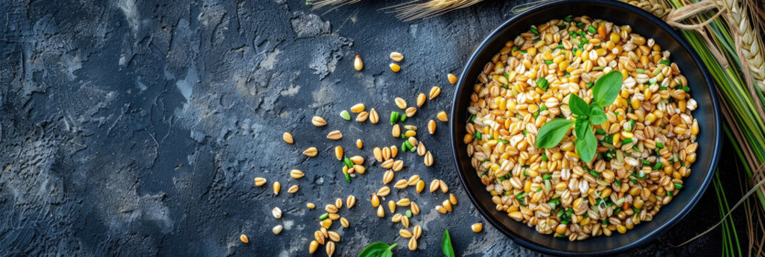 horizontal banner, International Day of Nowruz, sumalak wheat germ dish, top view, dark background, healthy food concept, copy space, free space for text