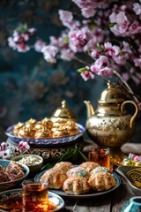 vertical banner, celebration of International Day of Nowruz, festive lunch, tea party, national Turkic cuisine, desserts and sweets, delicate pink spring flowers