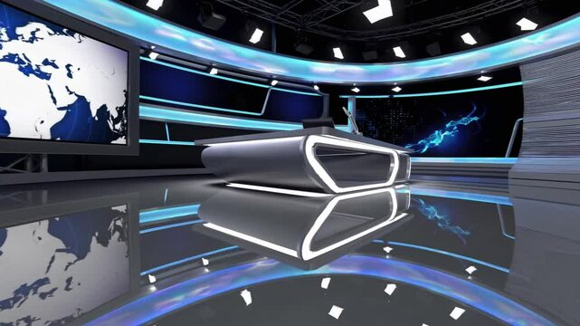 Modern News Studio with Blue Accent Lighting and Global Map Display