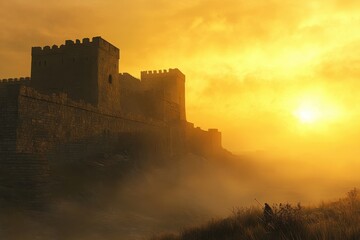 Obraz premium Castle silhouette against a dramatic sunset in a misty landscape