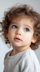 Naklejka premium Curly-haired toddler with piercing blue eyes gazing upward, radiating innocent wonder against soft, muted backdrop