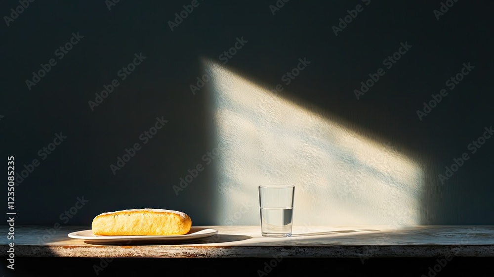 Poster simple meal of plain bread and water on weathered table dim lighting creating stark and emotional at