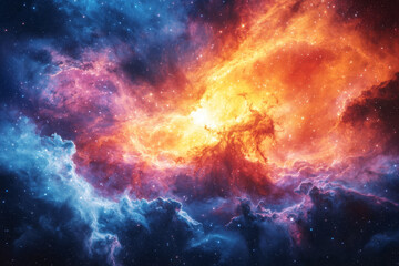 Fototapeta premium Cosmic Nebula: Fiery orange and cool blue hues collide in a celestial dance.
