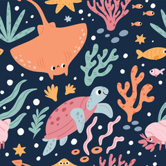 Ocean or deep sea with cute turtle, fish, stingray, stars. Underwater world print with animals and aquatic plants. Childish Vector seamless pattern