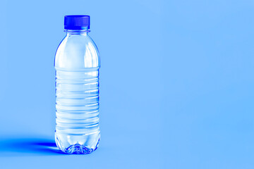 plastic water bottle with blue cap on a light blue uniform background