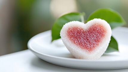 Heart-shaped dessert, leaf garnish, table setting, romantic background, Valentine's Day