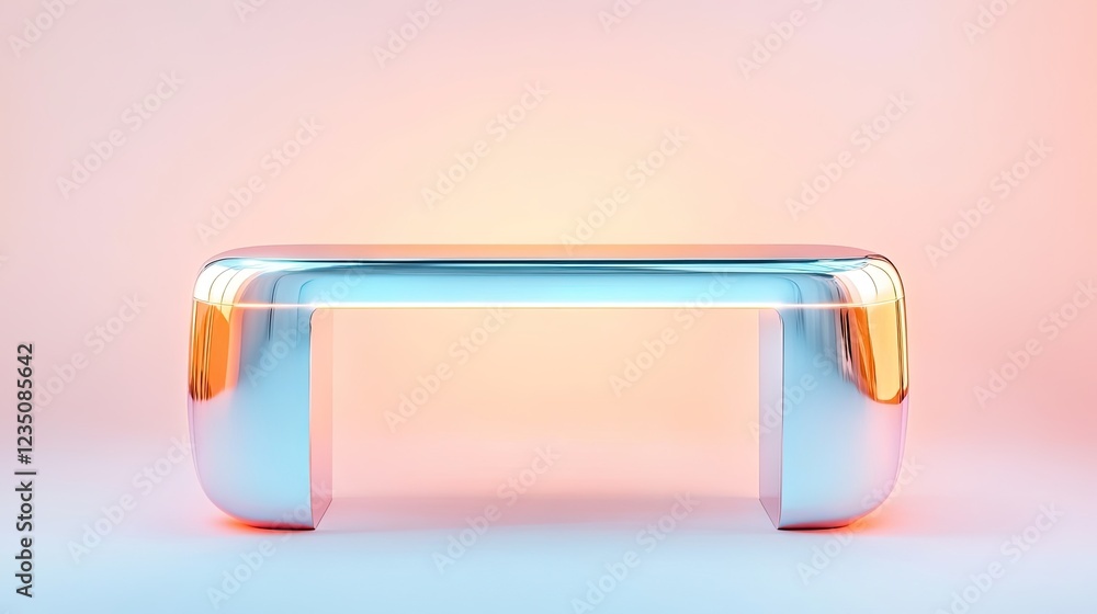 Poster sleek futuristic display table with metallic silver edges and glowing accents illuminated by soft li