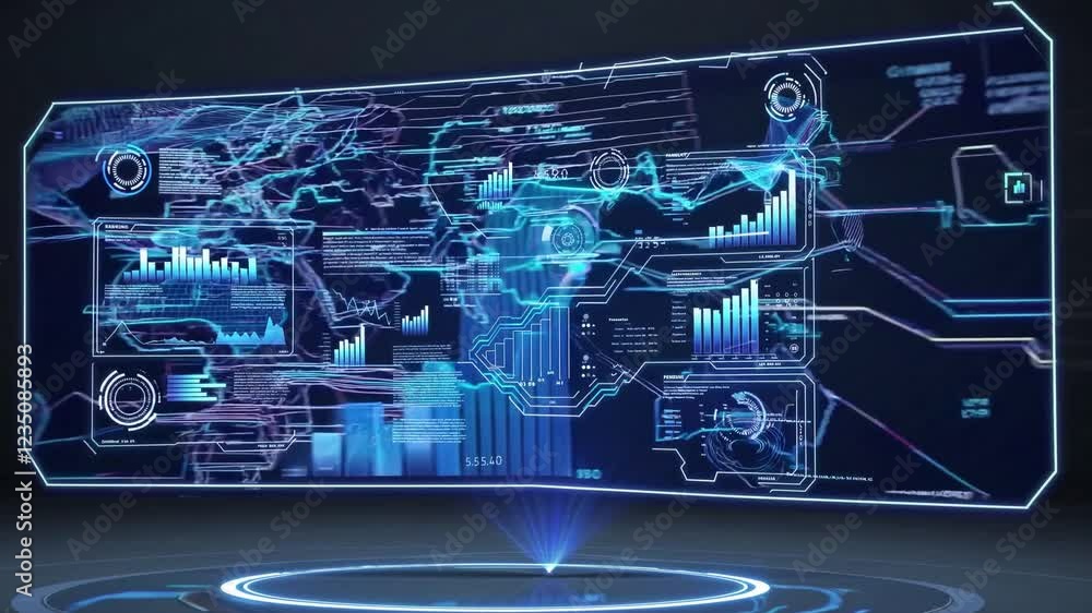 Poster futuristic interface with data visualization and graphical elements