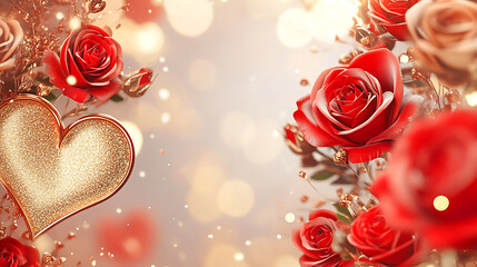Golden Heart Ornament Amidst Red Roses, Perfect for Valentine's Day, A captivating image showcasing a golden glitter heart ornament against a soft, pastel background.