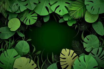 Lush green tropical foliage frame, vibrant leaves and dark background.