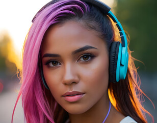 Smiling Woman with Headphones in Neon Lighting