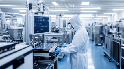 A manufacturing process engineer optimizing production line throughput in a semiconductor fabrication plant, with cleanroom equipment and semiconductor wafers visible