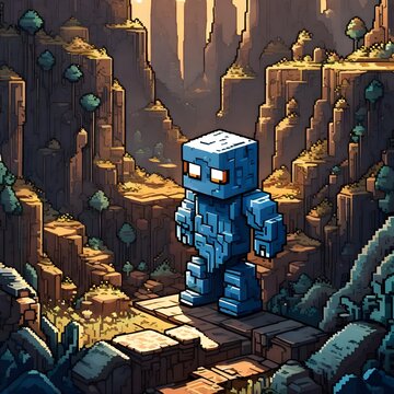 Retro computer game style character stone sentinel in a quarry