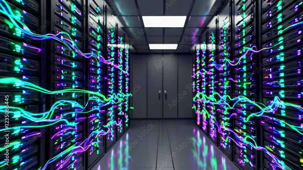 Poster colorful and dynamic data center with glowing server racks