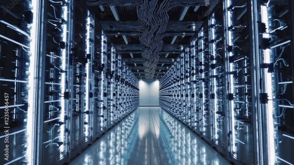 Poster futuristic data center corridor with led lights and server racks