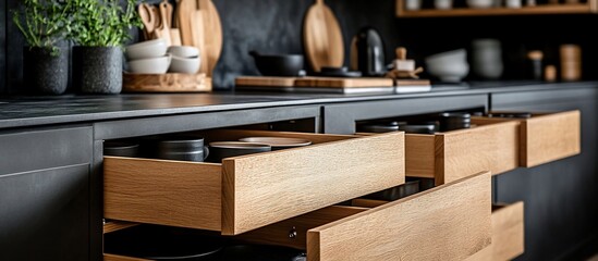 Modern kitchen interior featuring open drawers with dishware and stylish decor elements