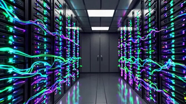 Colorful and Dynamic Data Center with Glowing Server Racks