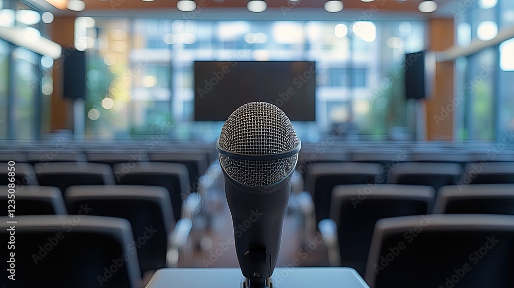 Poster rostrum in a conference room with a computer and microphone