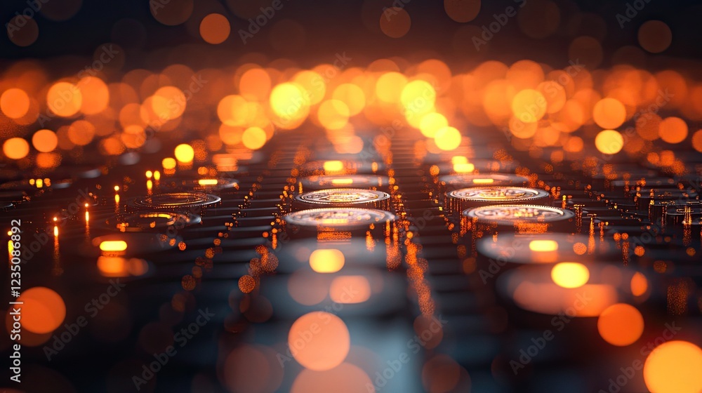 Aufkleber rows of coins with bokeh effect, representing finance and banking concepts.