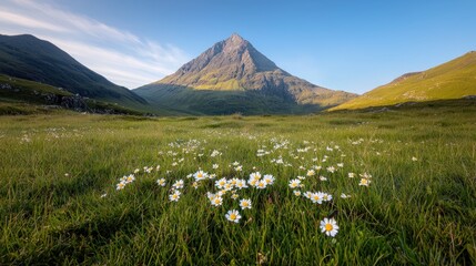 Majestic mountain peak, wildflowers meadow, Scotland highlands landscape, travel postcard