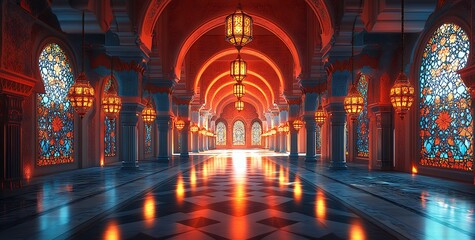 Obraz premium Illuminated Grand Hallway with Intricate Stained Glass Windows and Reflective Floor