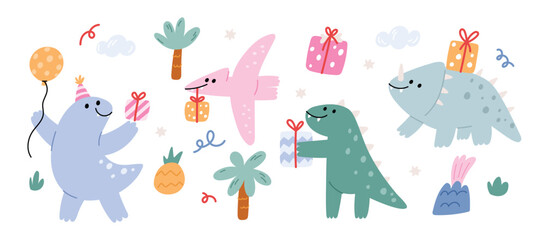 Cute funny dinosaurs with gifts. Festive dinosaurs in pastel color. Childish vector illustration isolated white background © happydesign