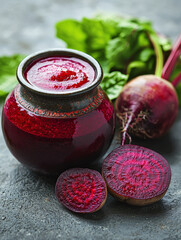 Beetroot smoothie in rustic bowl with fresh beets.