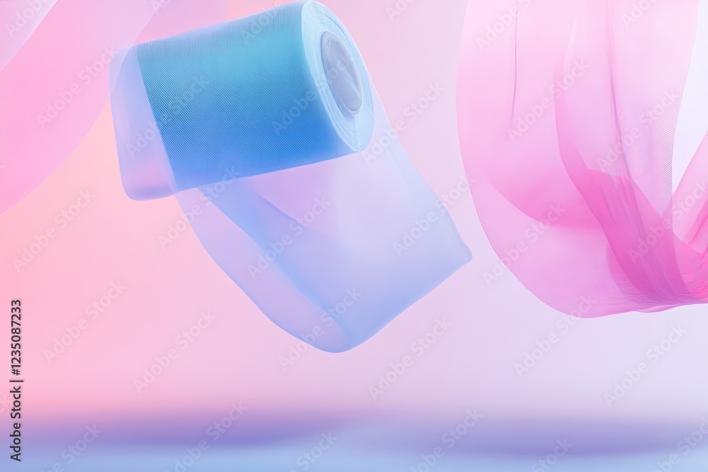 Poster surreal composition of fabric rolls floating mid-air captured against gradient background with soft 