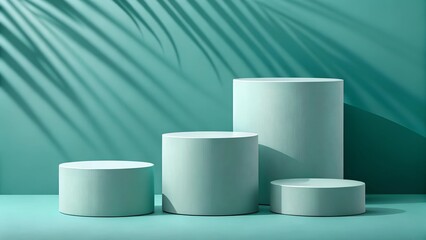 This is a studio-style photograph or 3D render featuring four cylindrical pedestals or podiums of varying heights arranged on a seamless teal-blue background