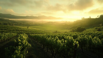 Naklejka premium Sunrise over vineyard valley, misty hills, idyllic landscape, wine tourism
