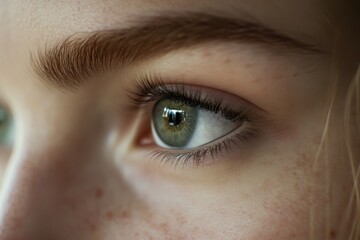 Obraz premium Close-up view of a person's eye highlighting green iris and subtle freckles