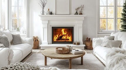 Scandinavian living room with white furniture and a central fireplace. --