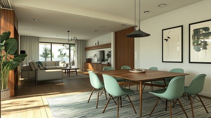 Scandinavian mid-century living room with mint chairs and a wooden dining table. 